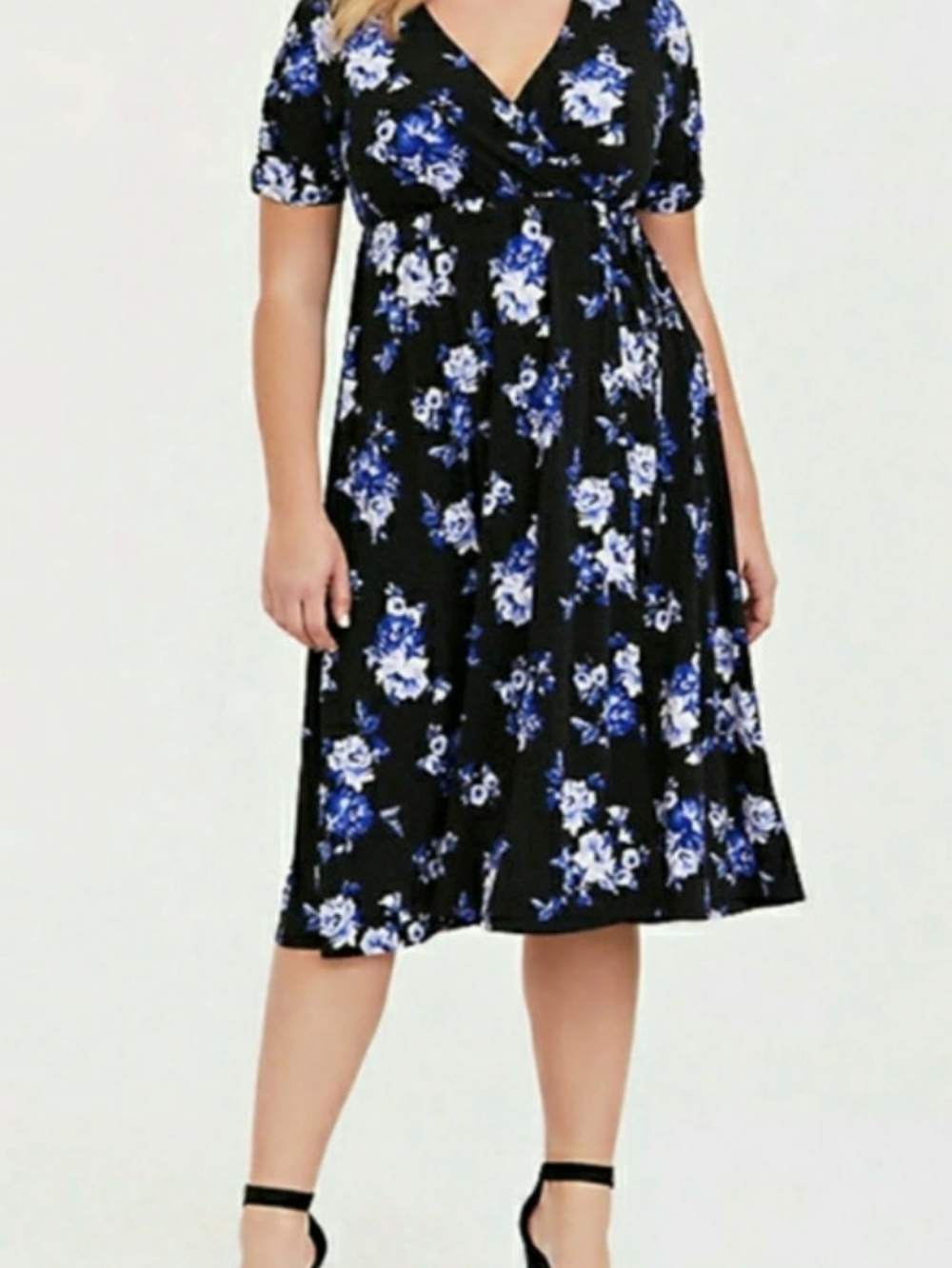 Torrid Black Blue White Floral Faux Wrap Knit Midi Dress